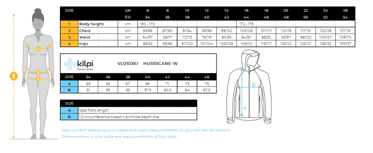Veste à membrane femme Kilpi HURRICANE-W – Size chart