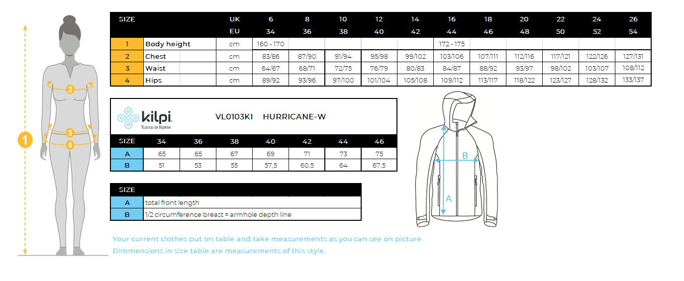Veste à membrane femme Kilpi HURRICANE-W – Size chart