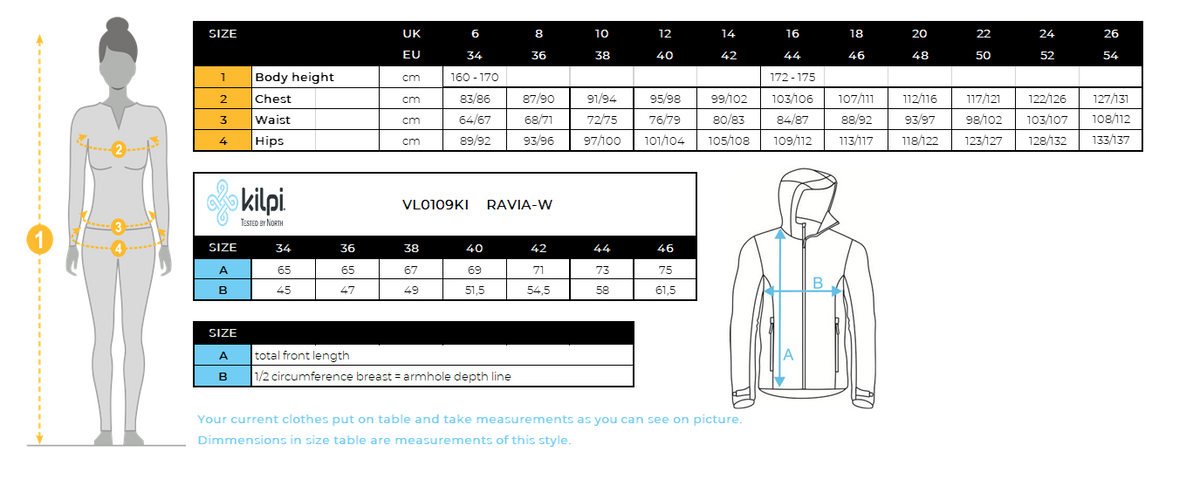 Veste softshell femme Kilpi RAVIA-W – Size chart