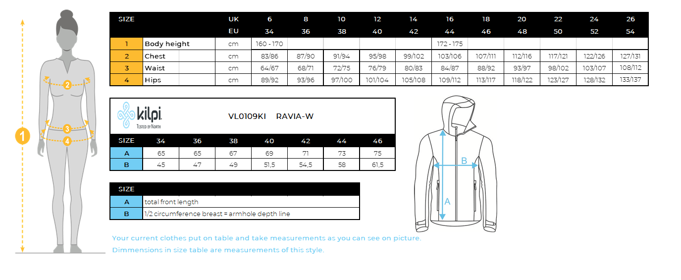 Veste softshell femme Kilpi RAVIA-W – Size chart