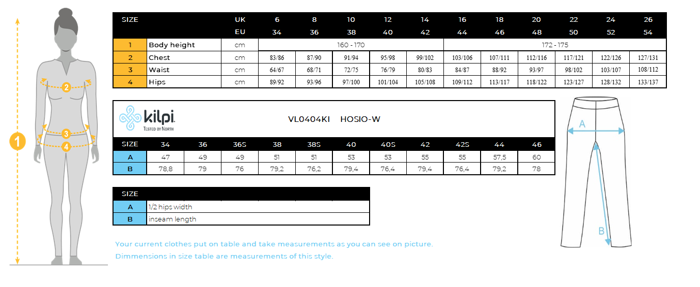 Women's outdoor pants Kilpi HOSIO-W – Size chart