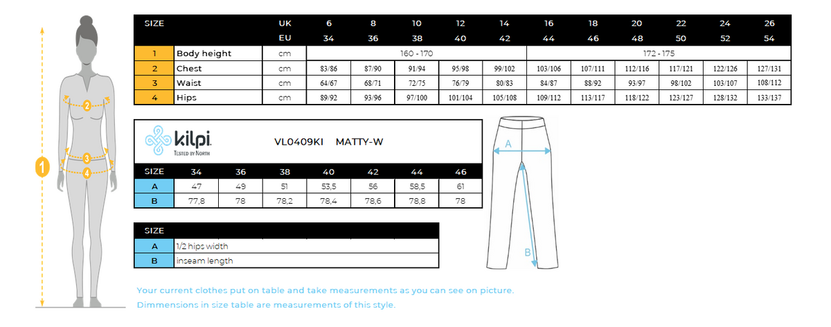 Pantalon de survêtement en coton pour femme Kilpi MATTY-W – Size chart