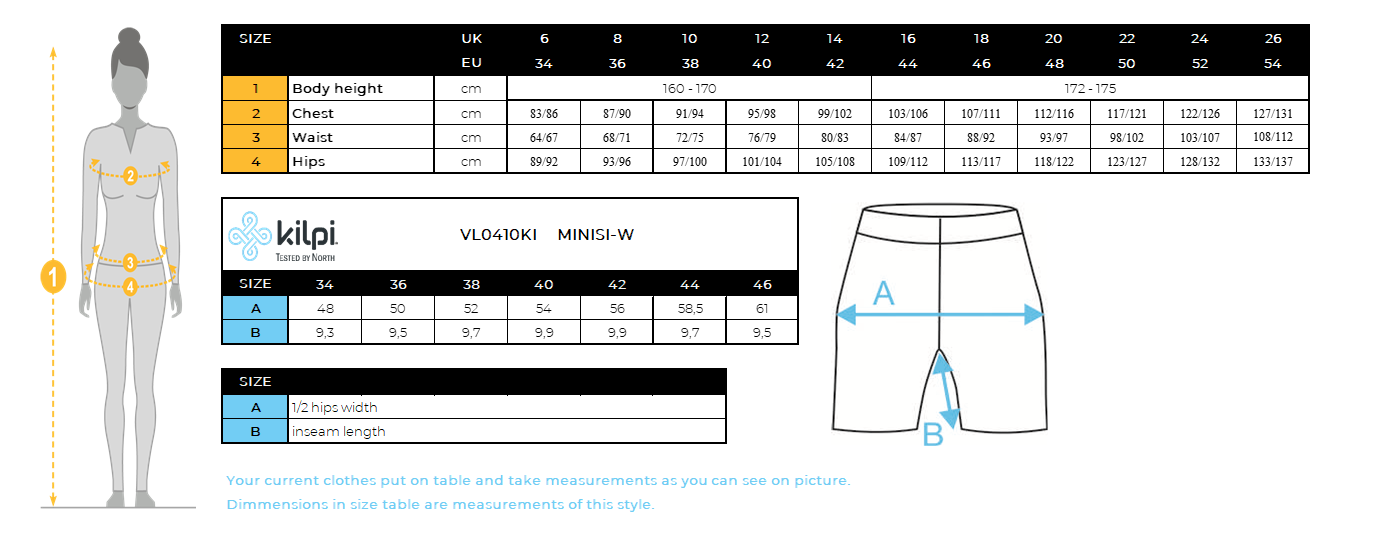 Short d'extérieur pour femme Kilpi MINISI-W – Size chart