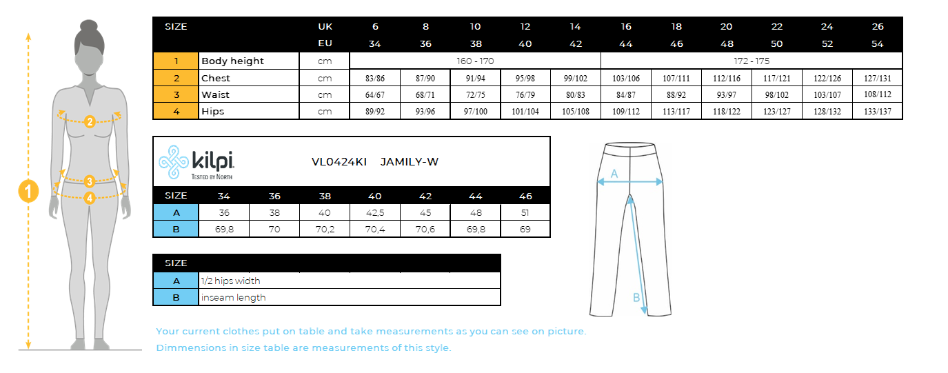 Legging fitness femme Kilpi JAMILY-W – Size chart