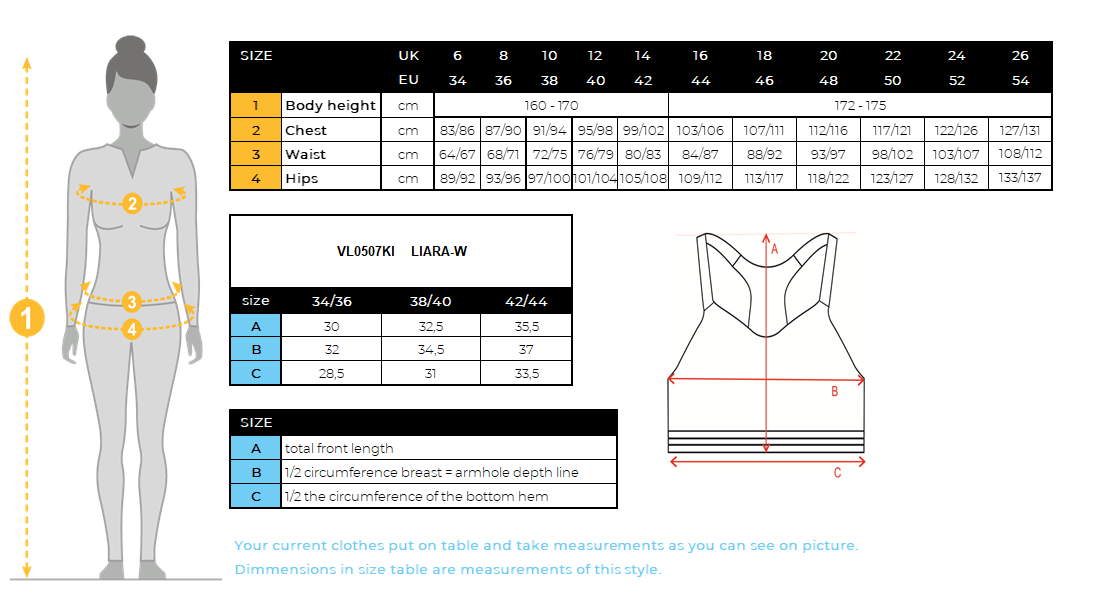 Brassière de sport sans couture femme Kilpi LIARA-W – Size chart