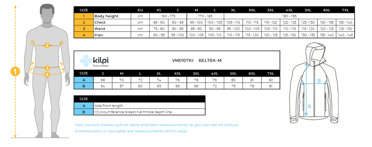 Veste softshell homme Kilpi BELTRA-M – Size chart