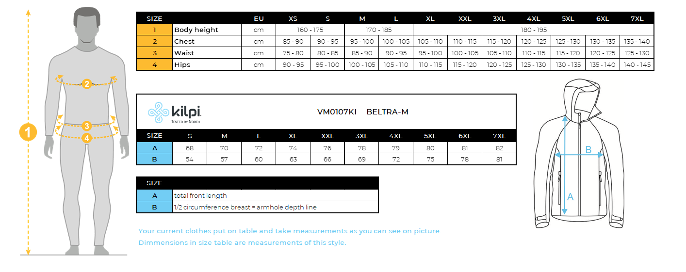 Veste softshell homme Kilpi BELTRA-M – Size chart