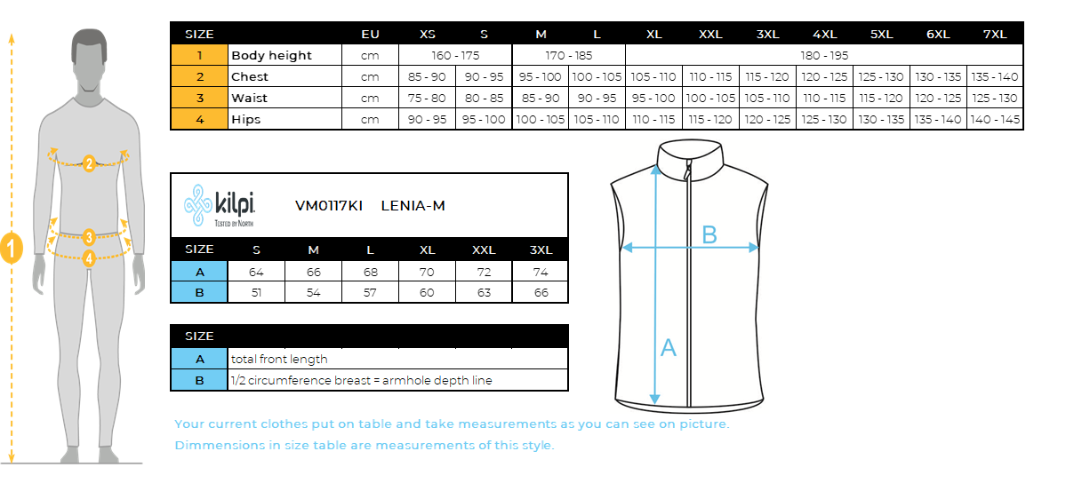 Gilet outdoor softshell homme Kilpi LENIA-M – Size chart