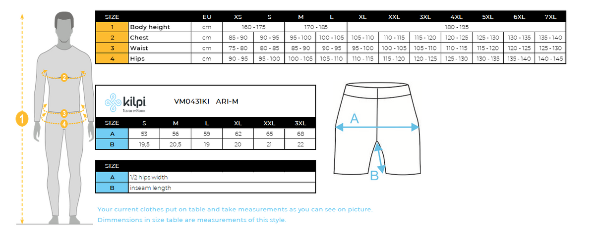 Short de bain homme Kilpi ARI-M – Size chart
