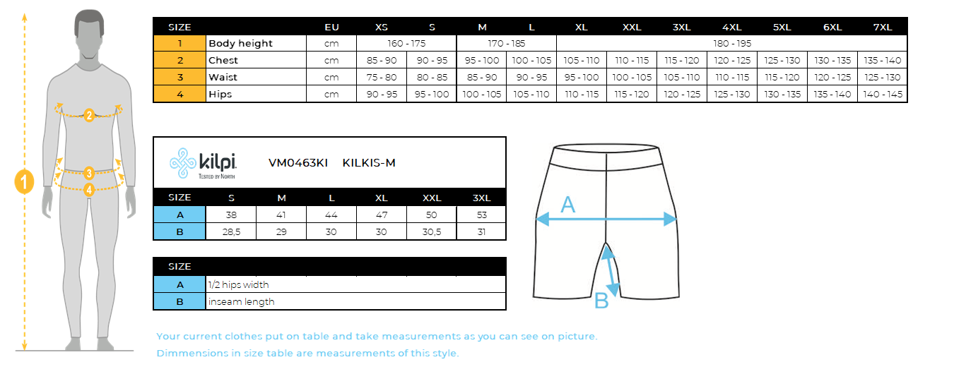 Short de course compressé homme Kilpi KILKIS-M – Size chart