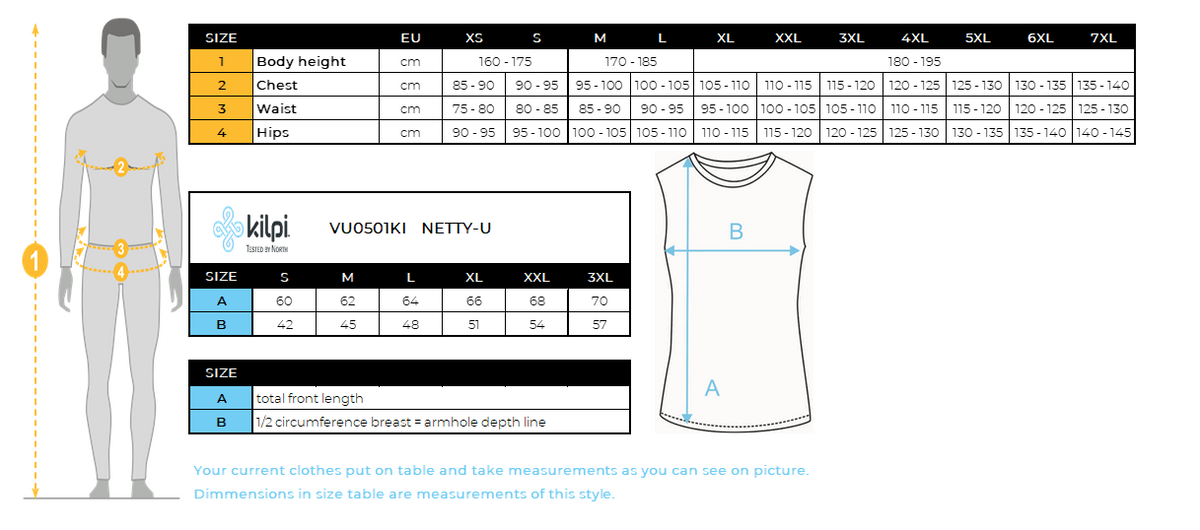 Haut fonctionnel unisexe Kilpi NETTY-U – Size chart