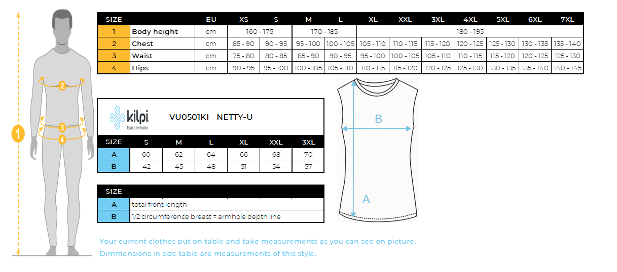 Haut fonctionnel unisexe Kilpi NETTY-U – Size chart