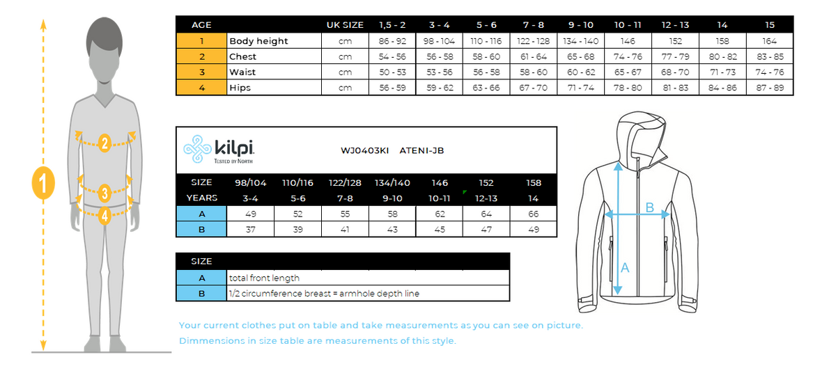 Veste de ski garçon Kilpi ATENI-JB – Size chart