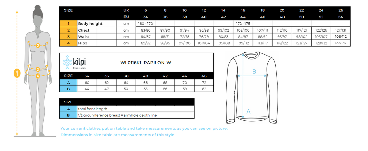 Doudoune femme Kilpi PAPILON-W – Size chart