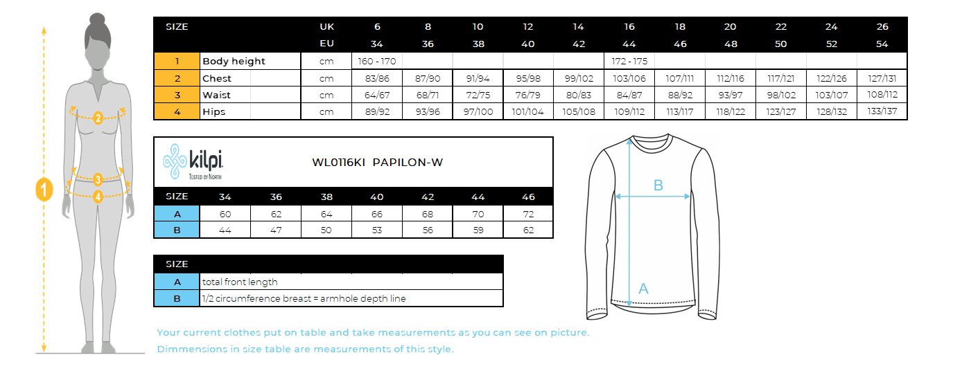 Doudoune femme Kilpi PAPILON-W – Size chart