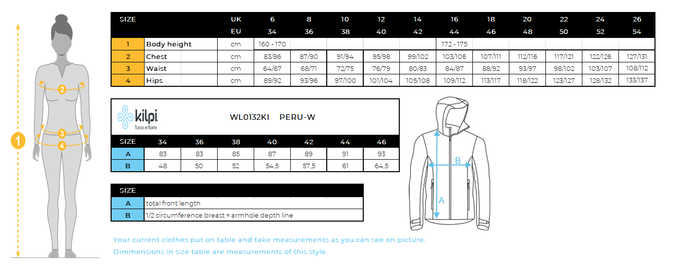 Manteau d'hiver pour femme Kilpi PERU-W – Size chart