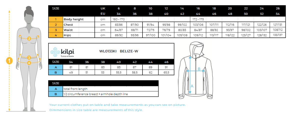 Manteau d'hiver femme Kilpi BELIZE-W – Size chart