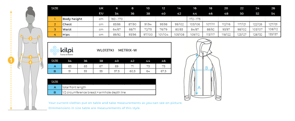 Veste d'extérieur imperméable pour femme Kilpi METRIX-W – Size chart