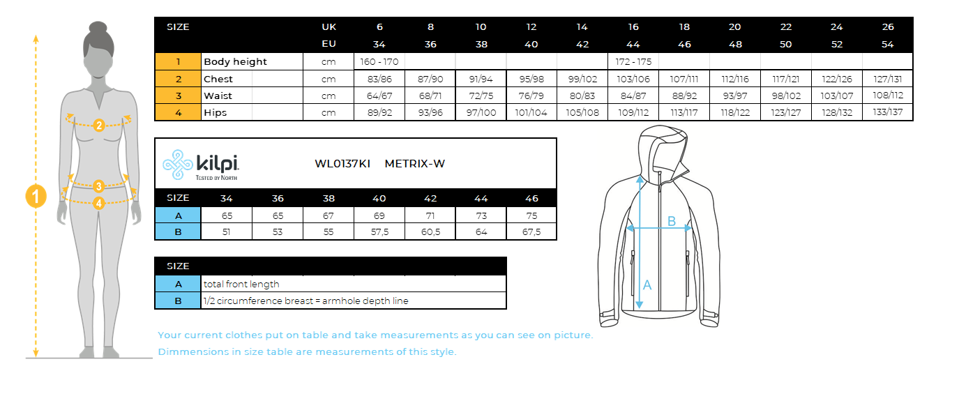 Veste d'extérieur imperméable pour femme Kilpi METRIX-W – Size chart