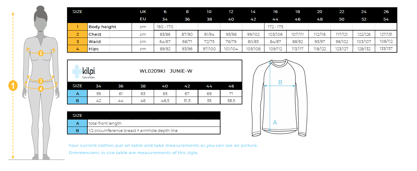 Sweat-shirt fonctionnel pour femmes Kilpi JUNIE-W – Size chart