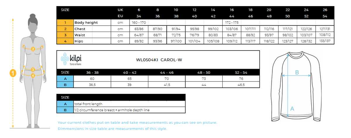 T-shirt thermique sans couture à manches longues pour femme Kilpi CAROL-W – Size chart