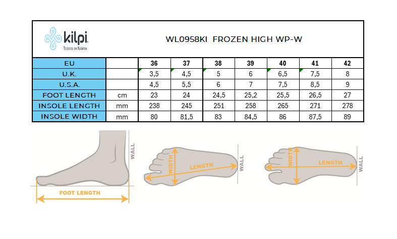 Raquettes à neige hautes femme Kilpi FROZEN HIGH WP-W – Size chart