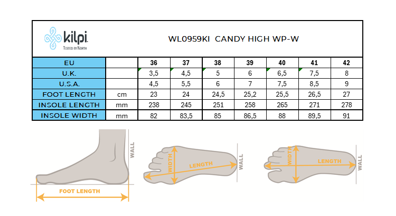 Raquettes à neige hautes femme Kilpi CANDY HIGH WP-W – Size chart