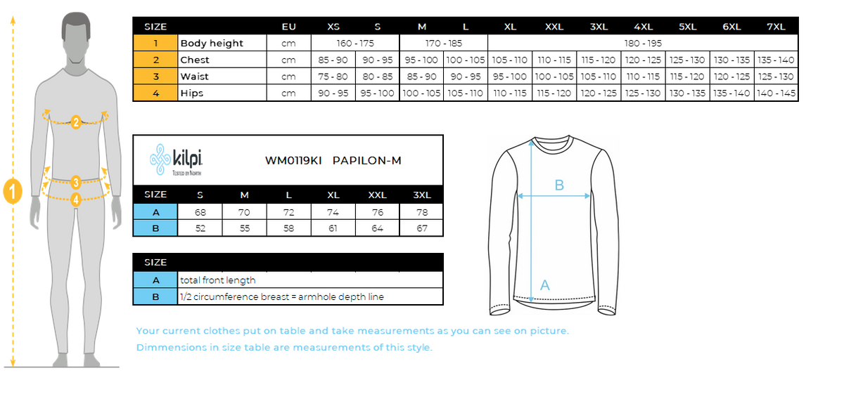 Doudoune homme Kilpi PAPILON-M – Size chart