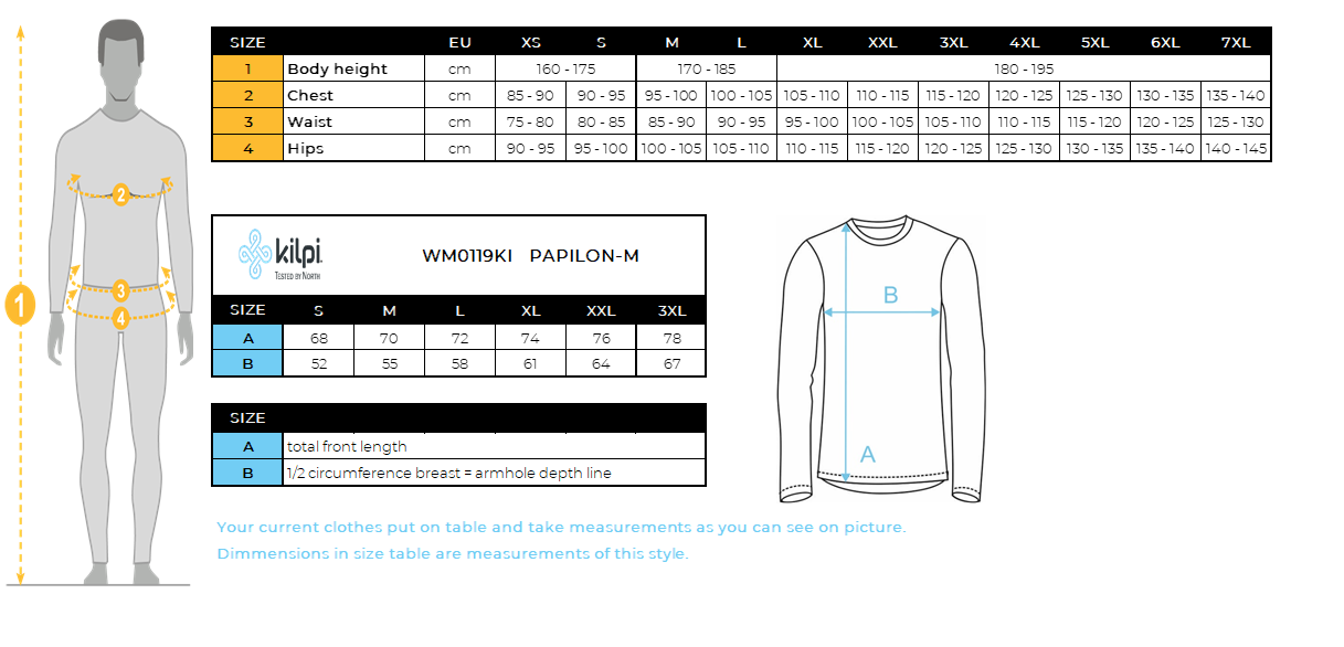 Doudoune homme Kilpi PAPILON-M – Size chart