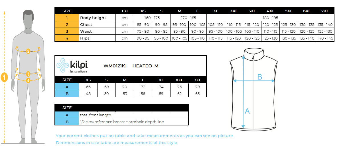 Gilet isolant homme Kilpi HEATEO-M – Size chart
