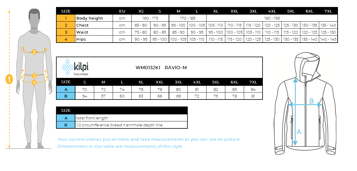 Veste softshell homme Kilpi RAVIO-M – Size chart