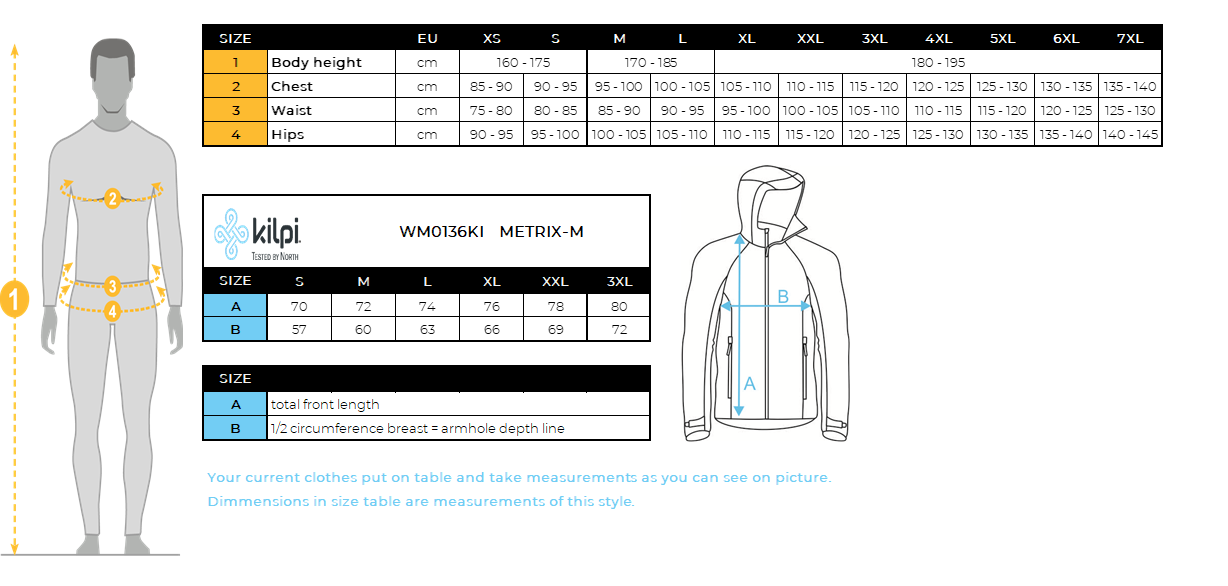 Veste outdoor imperméable homme Kilpi METRIX-M – Size chart
