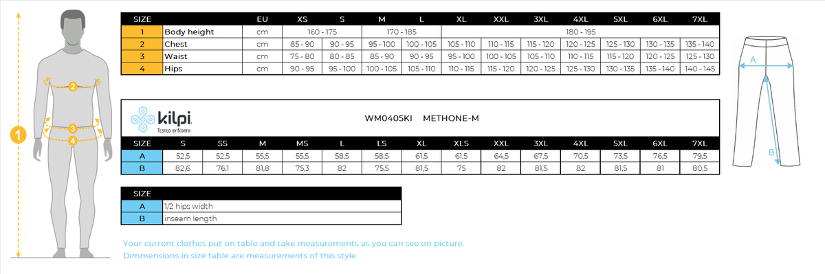 Pantalon de ski homme Kilpi METHONE-M – Size chart