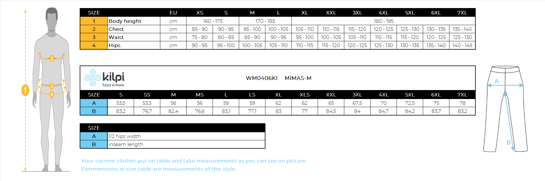 Pantalon de ski homme Kilpi MIMAS-M – Size chart
