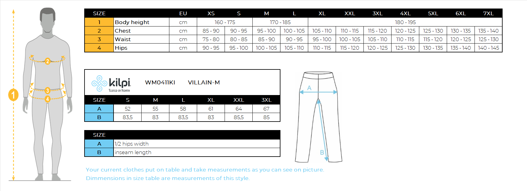 Pantalon outdoor homme Kilpi VILLAIN-M – Size chart