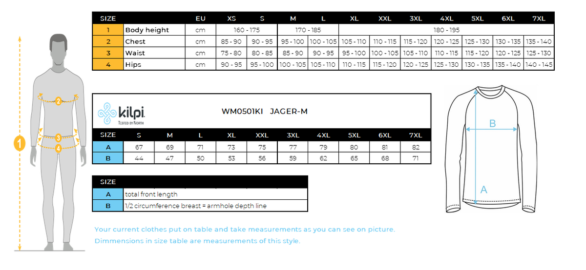 Couche de base en laine mérinos à manches longues pour hommes Kilpi JAGER-M – Size chart