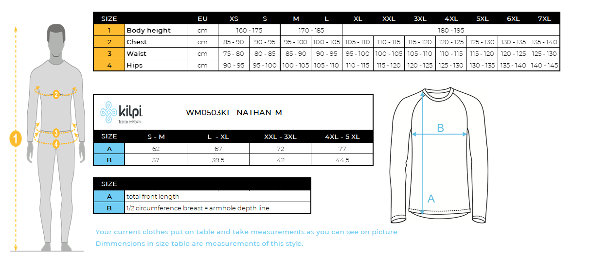 T-shirt thermique sans couture à manches longues pour hommes Kilpi NATHAN-M – Size chart