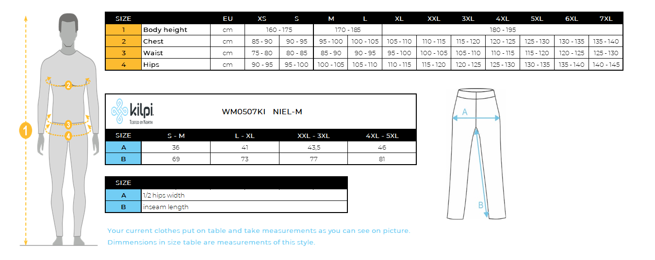 Sous-vêtement thermique sans couture homme Kilpi NIEL-M – Size chart
