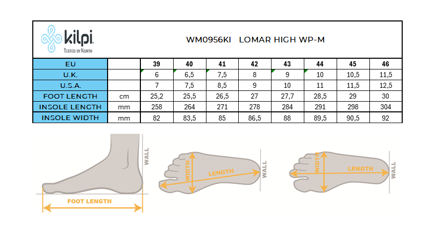 Chaussures d'hiver de loisirs pour hommes Kilpi LOMAR HIGH WP-M – Size chart