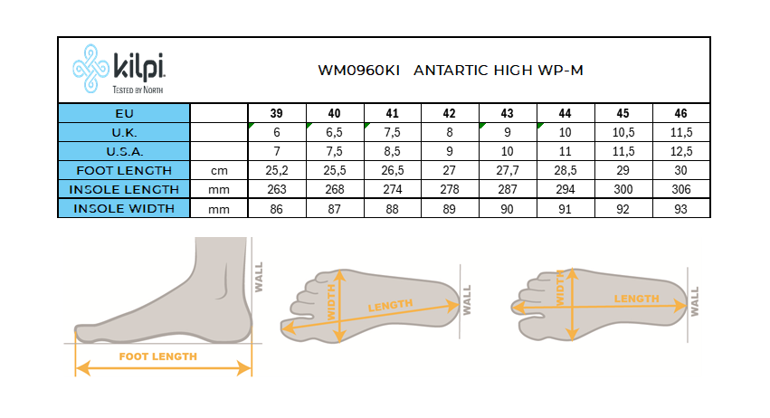 Bottes imperméables isolées d'hiver Kilpi ANTARTIC HIGH WP-M – Size chart