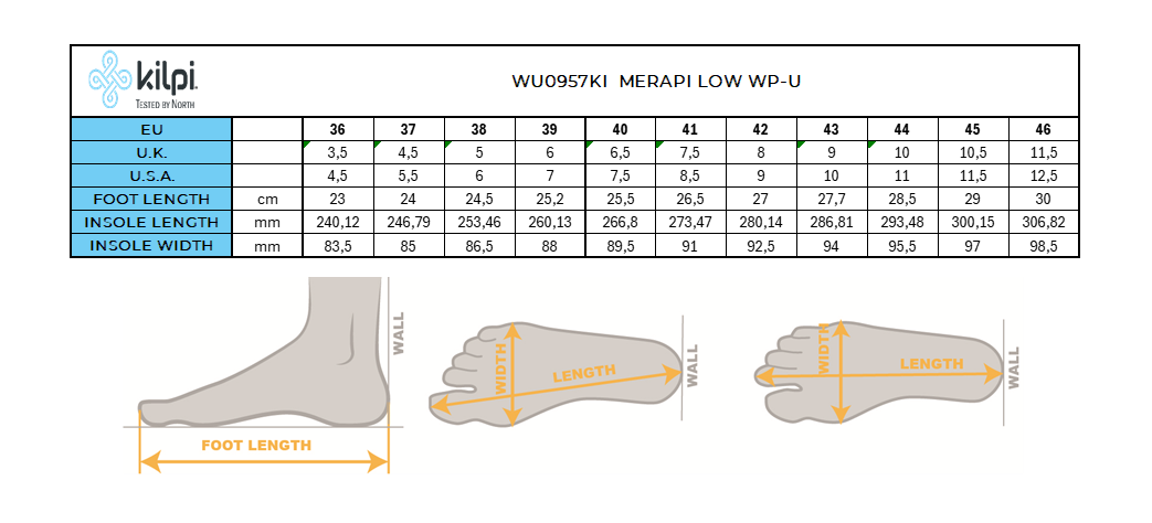 Chaussures de sport basses casual Kilpi MERAPI LOW WP-U – Size chart