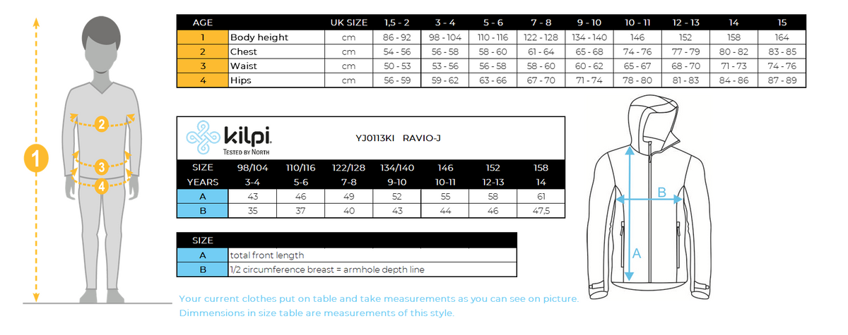 Veste softshell enfant Kilpi RAVIO-J – Size chart