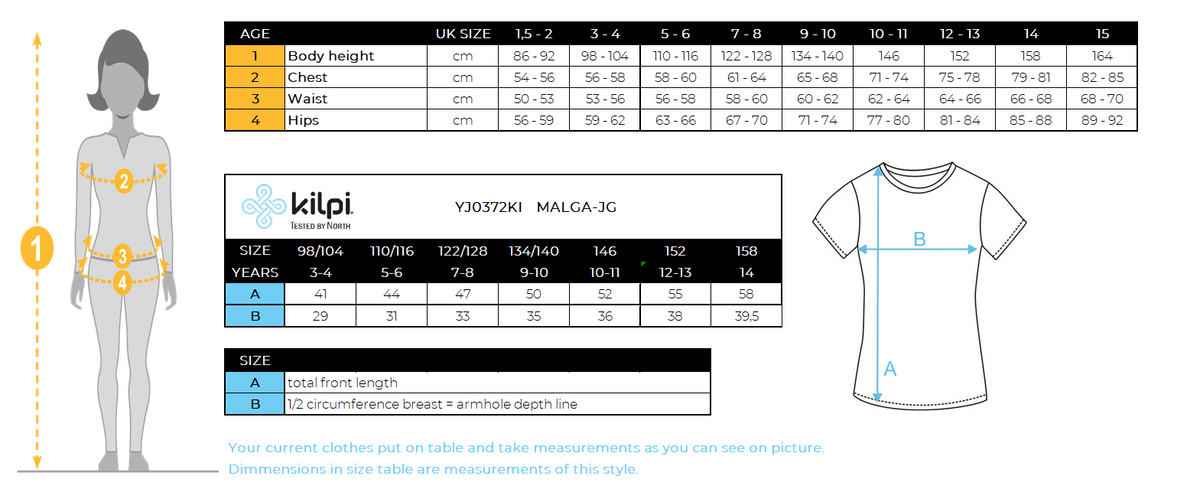 T-shirt en coton fille Kilpi MALGA-JG – Size chart