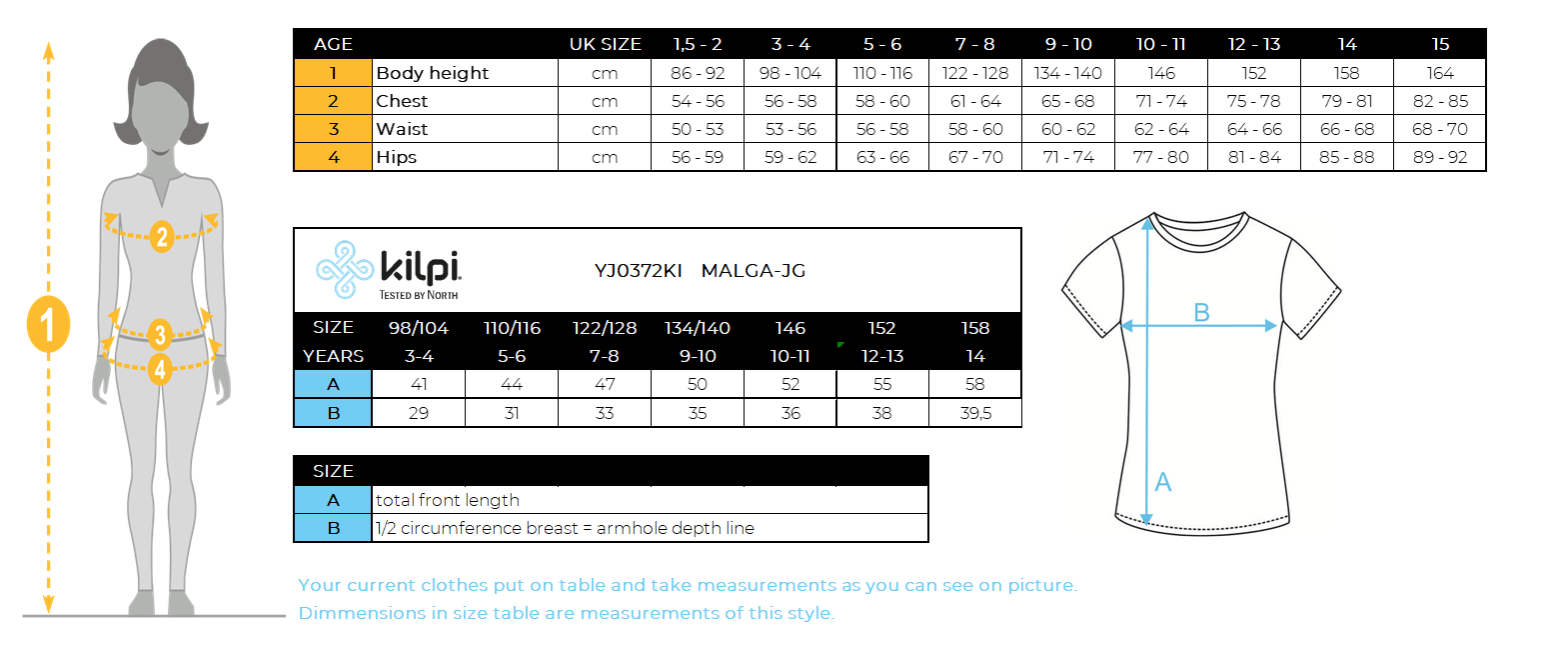 T-shirt en coton fille Kilpi MALGA-JG – Size chart
