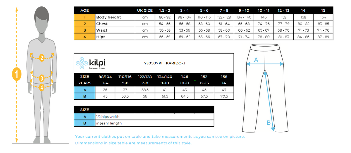 Pantalon outdoor enfant Kilpi KARIDO-J – Size chart