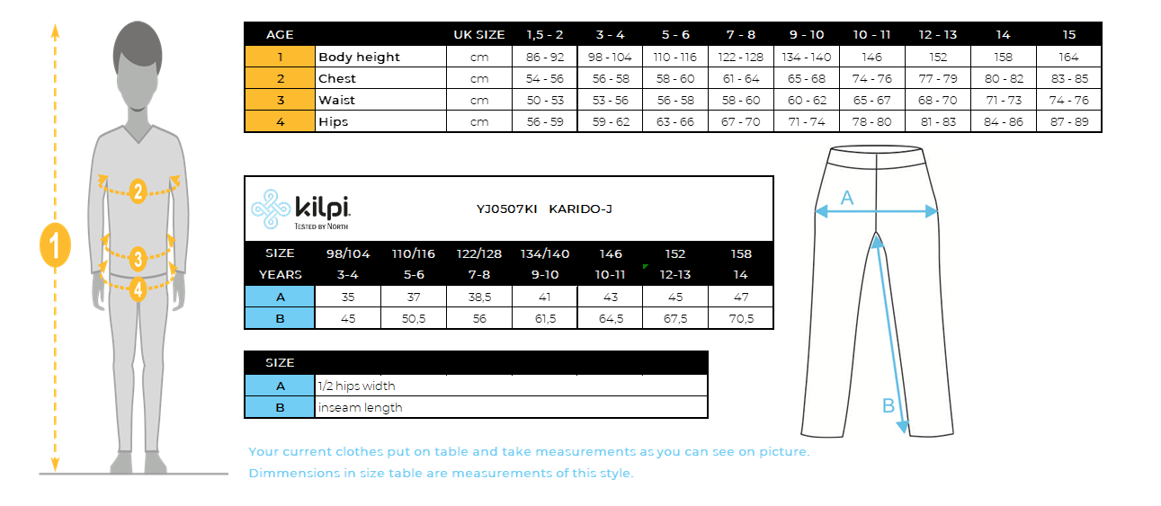 Pantalon outdoor enfant Kilpi KARIDO-J – Size chart