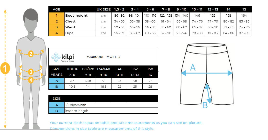 Short outdoor enfant Kilpi MOLE-J – Size chart