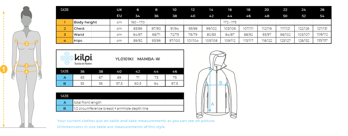 Veste à membrane femme Kilpi MAMBA-W – Size chart