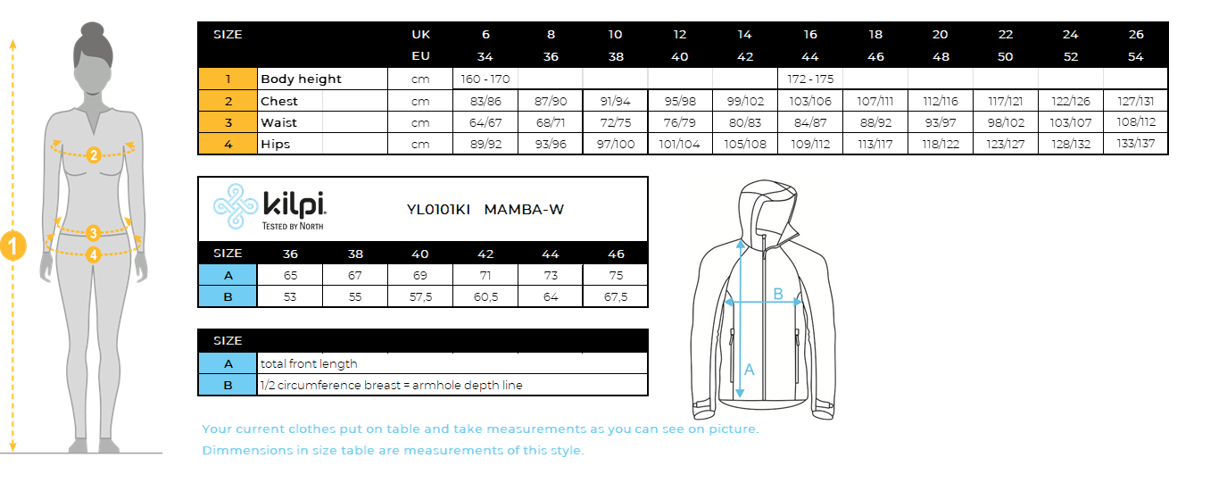 Veste à membrane femme Kilpi MAMBA-W – Size chart