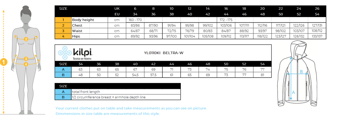 Veste softshell femme Kilpi BELTRA-W – Size chart